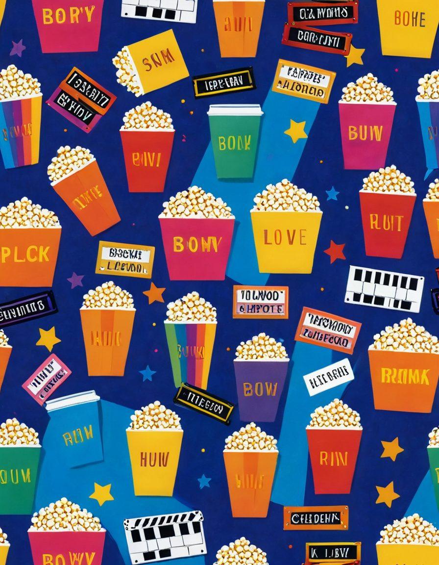 A vibrant collage showcasing iconic scenes from both blockbuster and indie queer films, featuring a diverse cast of characters in dynamic poses expressing joy and love. The backdrop should include elements like film reels, rainbow colors, and a cinema marquee. Emphasize the contrast between glamorous Hollywood and intimate indie aesthetics. Add whimsical details like film clapperboards and popcorn to enhance the cinematic vibe. vibrant colors. 3D collage.
